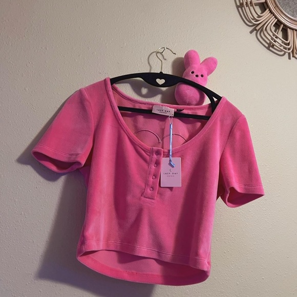 Lazy Oaf Waste of Time pink velour lounge top button cozy crop shirt RARE lolita - Picture 2 of 8